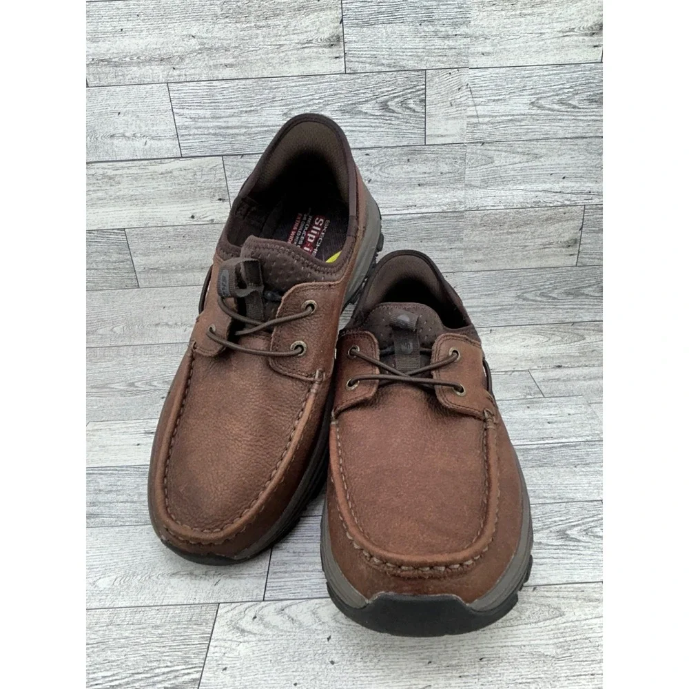 Skechers Slip-ins Expected Arago Brown Leather Boat Shoes 205188WW Men Sz 8.5WW‎